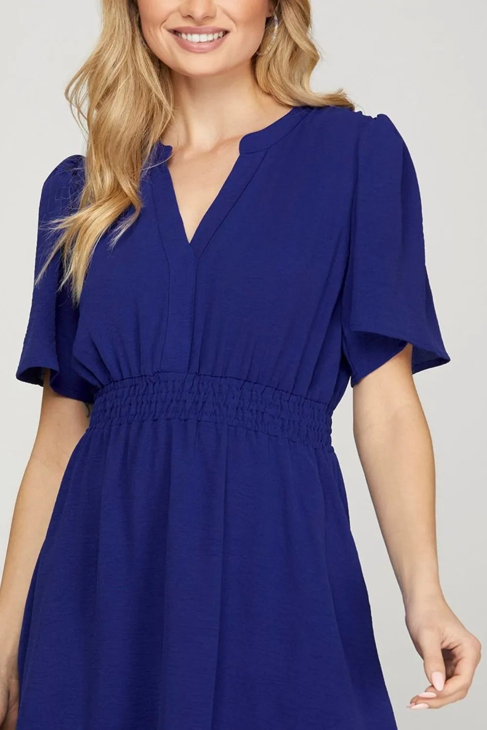 She + Sky Ruffled Hem Notched Flutter Sleeve Mini Dress.