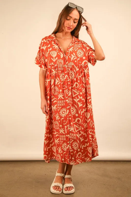 VERY J Full Size Oversized Printed Shirt Midi Dress Plus Size.