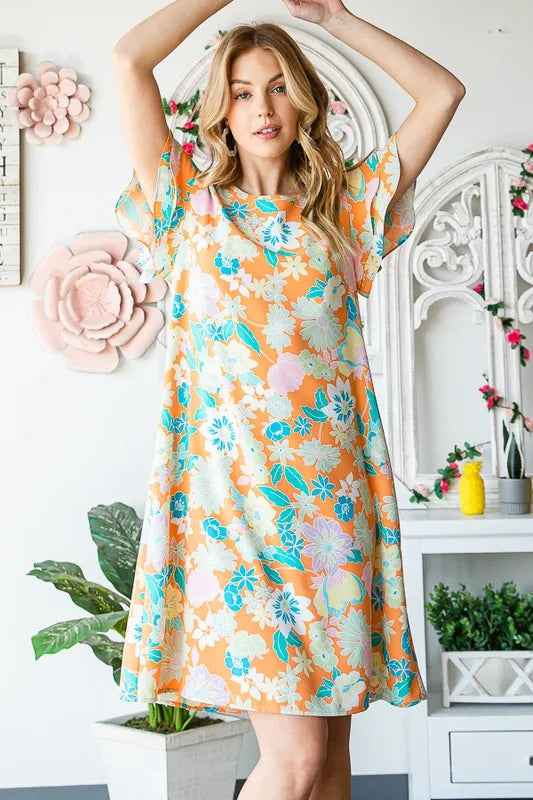 Heimish Full Size Ruffled Short Sleeve Floral Mini Dress Plus Size.