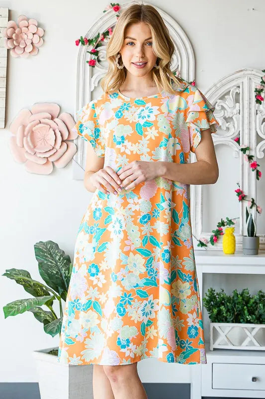 Heimish Full Size Ruffled Short Sleeve Floral Mini Dress Plus Size.