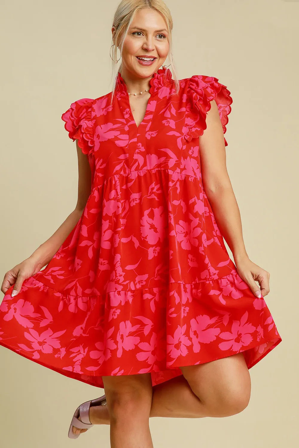 Umgee Full Size Two Tone Floral Print Ruffle Cap Sleeve Mini Dress Plus Size.