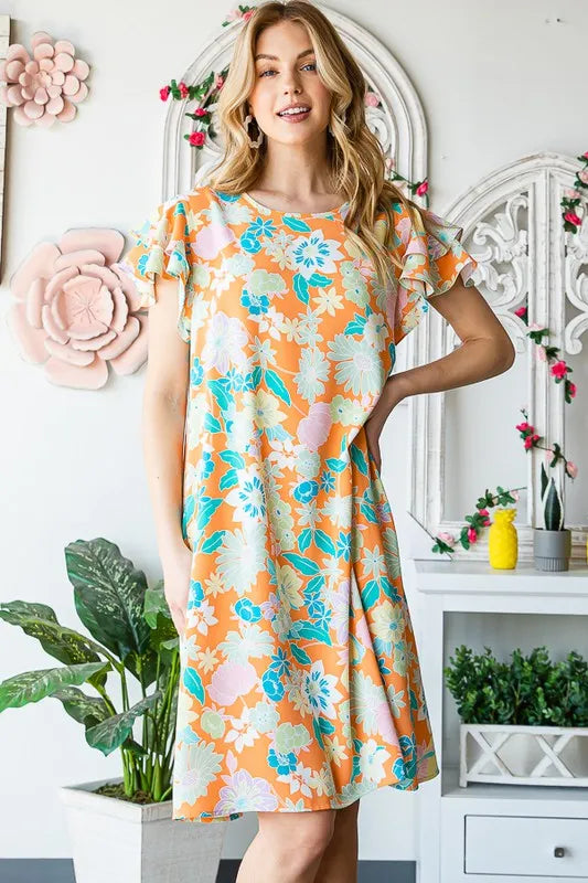 Heimish Full Size Ruffled Short Sleeve Floral Mini Dress Plus Size.