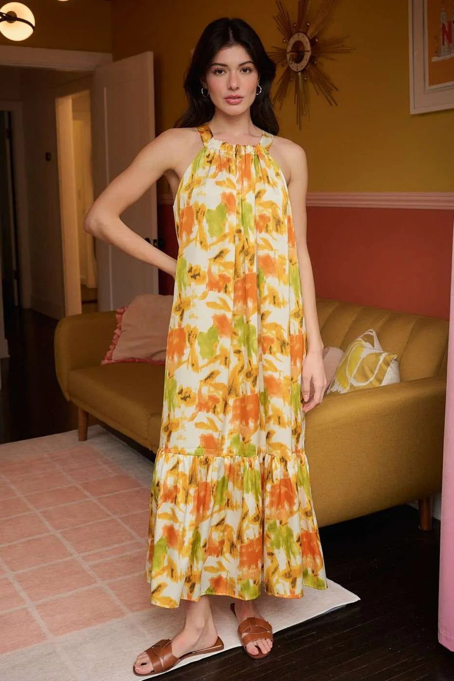Mittoshop Watercolor Print Halter Neck Satin Maxi Dress.