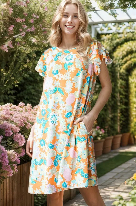 Heimish Full Size Ruffled Short Sleeve Floral Mini Dress Plus Size.