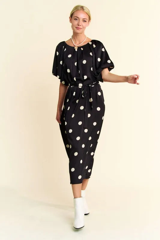 Davi & Dani Polka Dot Puff Sleeves Waist Tie Midi Dress.