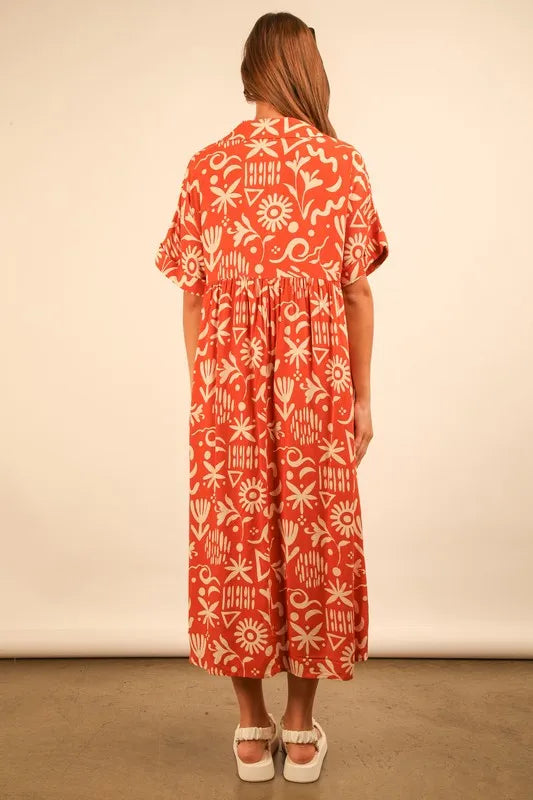 VERY J Full Size Oversized Printed Shirt Midi Dress Plus Size.