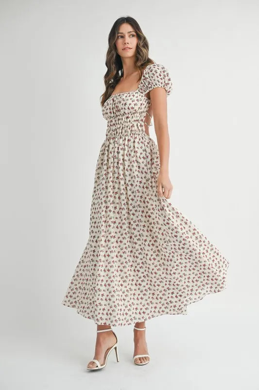 MABLE Floral Print Puff Sleeve Gathered Midi Dress.