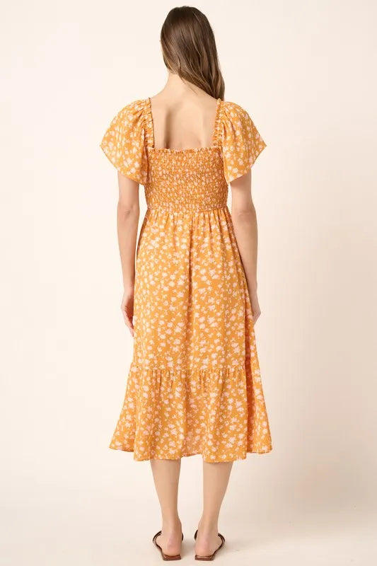 Mittoshop Flower Print Flutter Sleeve Smocked Midi Dress.