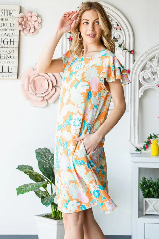 Heimish Full Size Ruffled Short Sleeve Floral Mini Dress Plus Size.