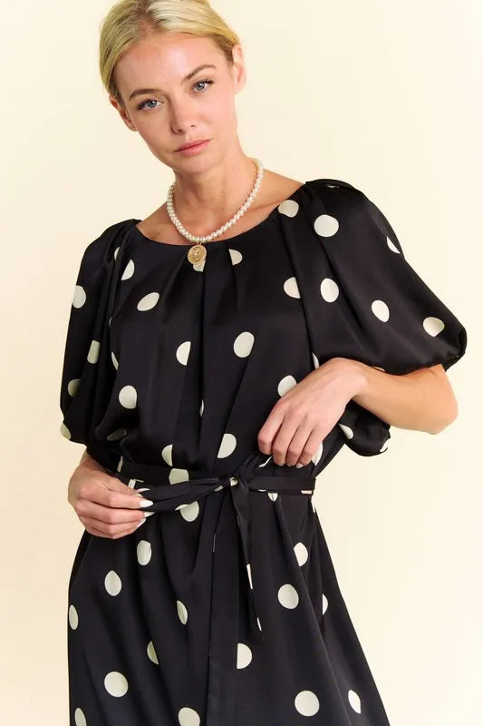 Davi & Dani Polka Dot Puff Sleeves Waist Tie Midi Dress.