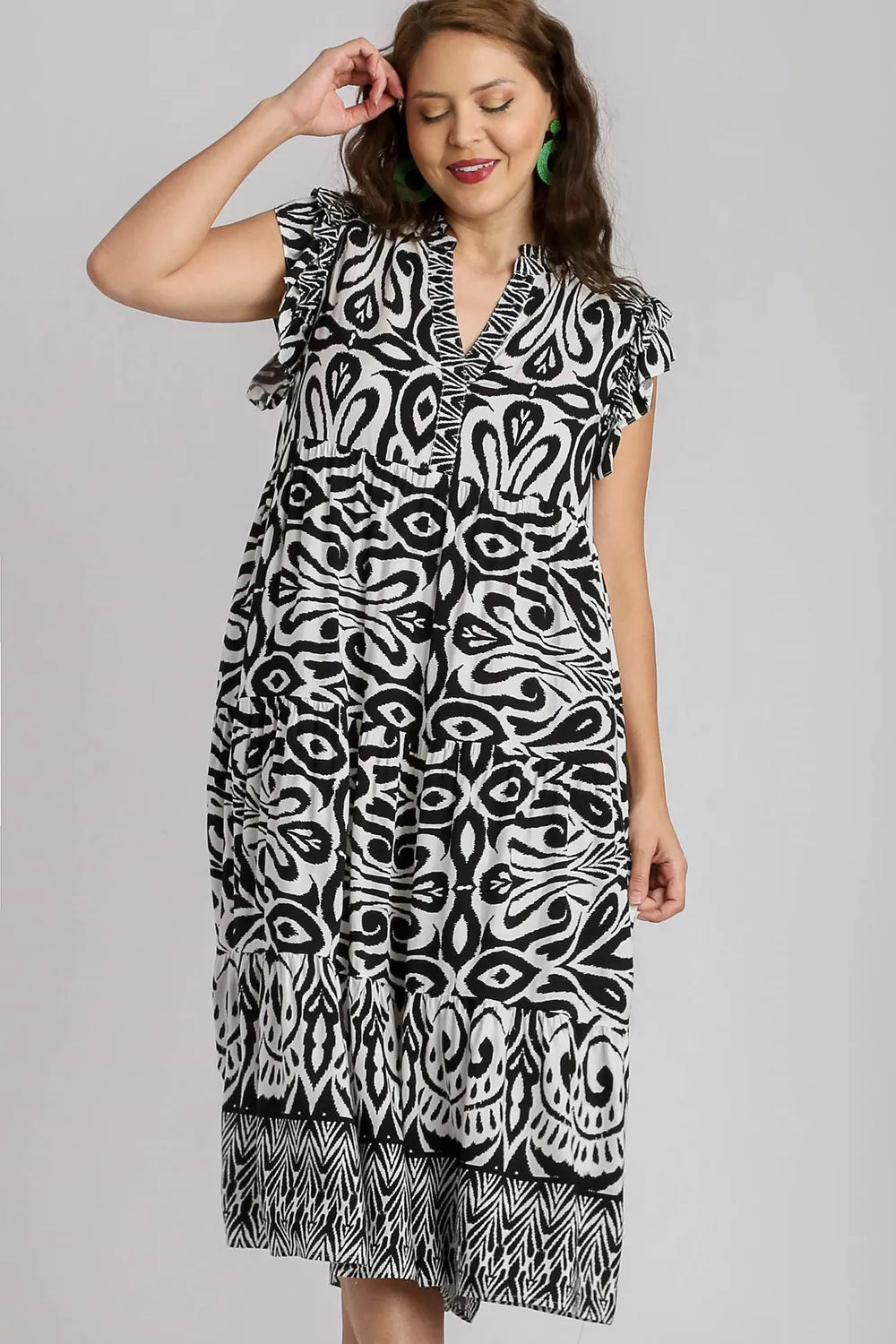 Umgee Full Size Two Tone Border Print Ruffle Cap Sleeve Midi Dress Plus Size.