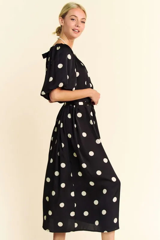 Davi & Dani Polka Dot Puff Sleeves Waist Tie Midi Dress.