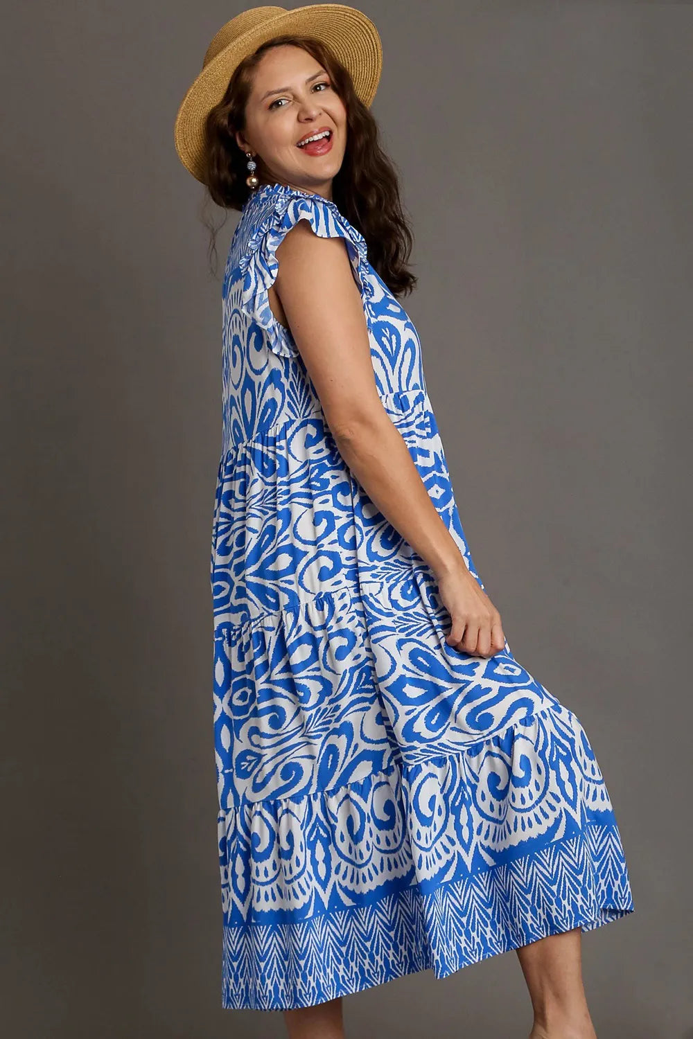 Umgee Full Size Two Tone Border Print Ruffle Cap Sleeve Midi Dress Plus Size.