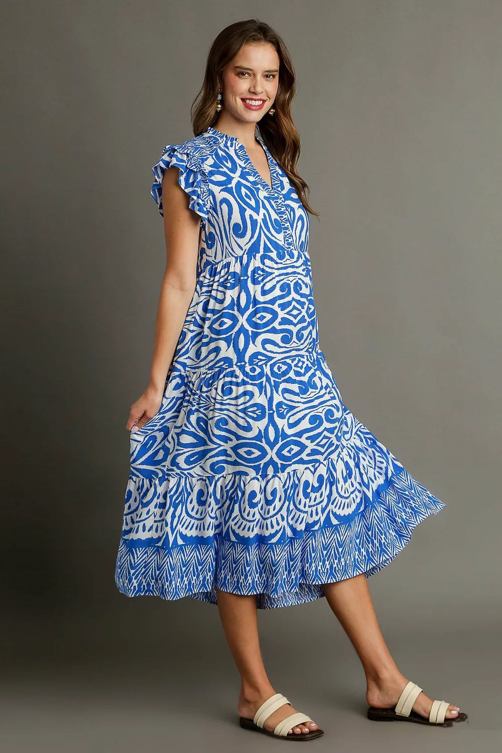 Umgee Full Size Two Tone Border Print Ruffle Cap Sleeve Midi Dress Plus Size.