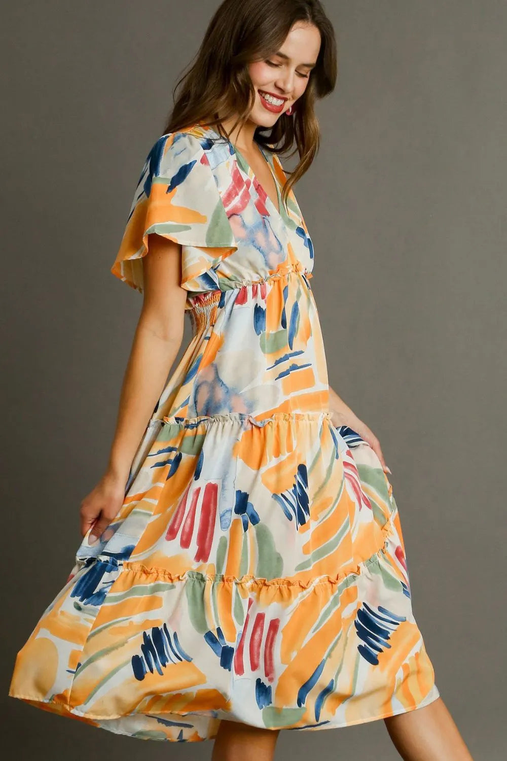 Umgee Full Size Abstract Print Flutter Sleeve Frill Tiered Midi Dress Plus Size.