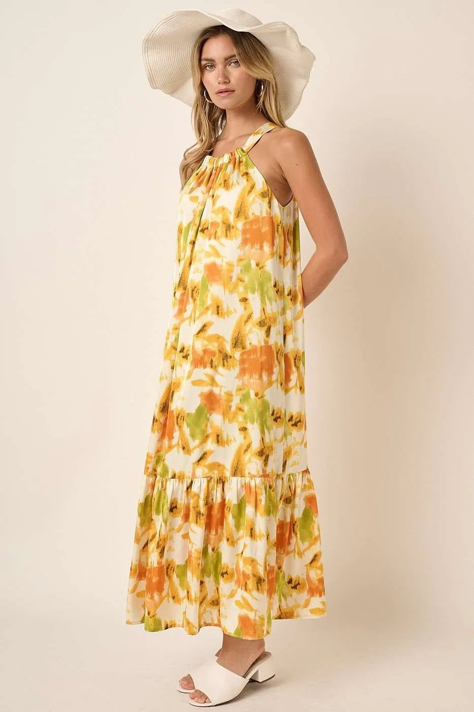 Mittoshop Watercolor Print Halter Neck Satin Maxi Dress.