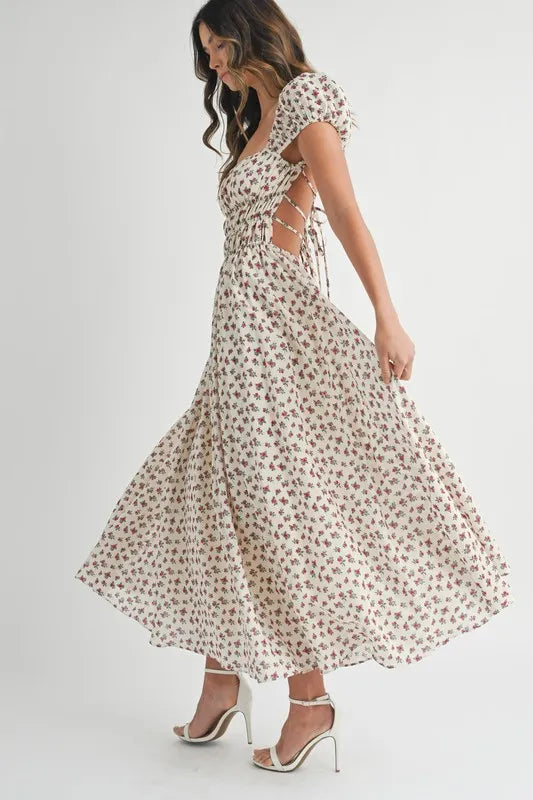 MABLE Floral Print Puff Sleeve Gathered Midi Dress.