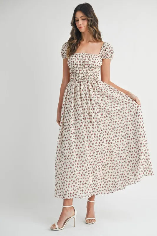 MABLE Floral Print Puff Sleeve Gathered Midi Dress.