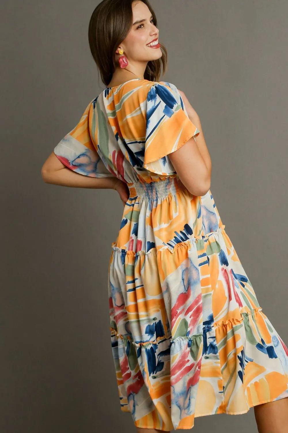 Umgee Full Size Abstract Print Flutter Sleeve Frill Tiered Midi Dress Plus Size.