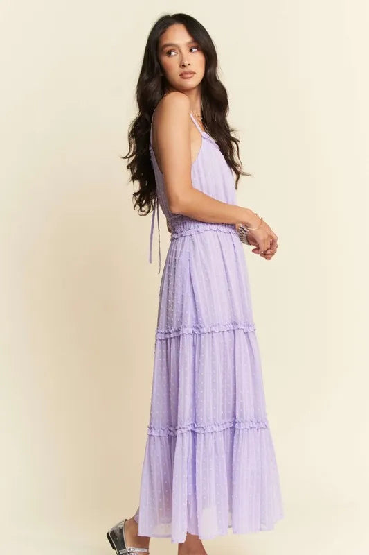 Davi & Dani Texture Swiss Dot Ruffle Square Neck Midi Dress.