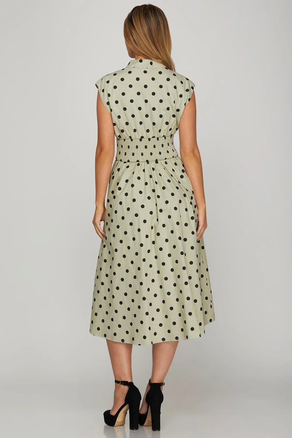 She + Sky Front Zip Polka Dots Cap Sleeve Midi Dress.