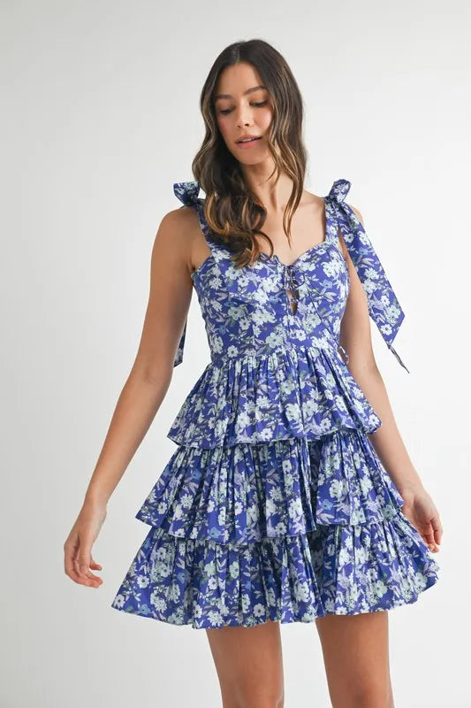 MABLE Floral Print Shoulder Tie Layered Mini Dress.