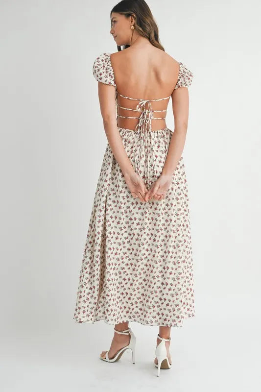 MABLE Floral Print Puff Sleeve Gathered Midi Dress.