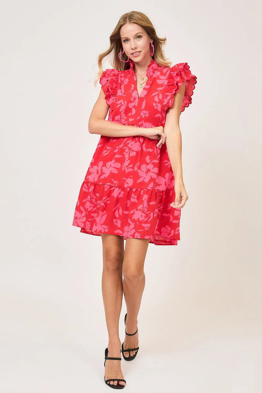 Umgee Full Size Two Tone Floral Print Ruffle Cap Sleeve Mini Dress Plus Size.