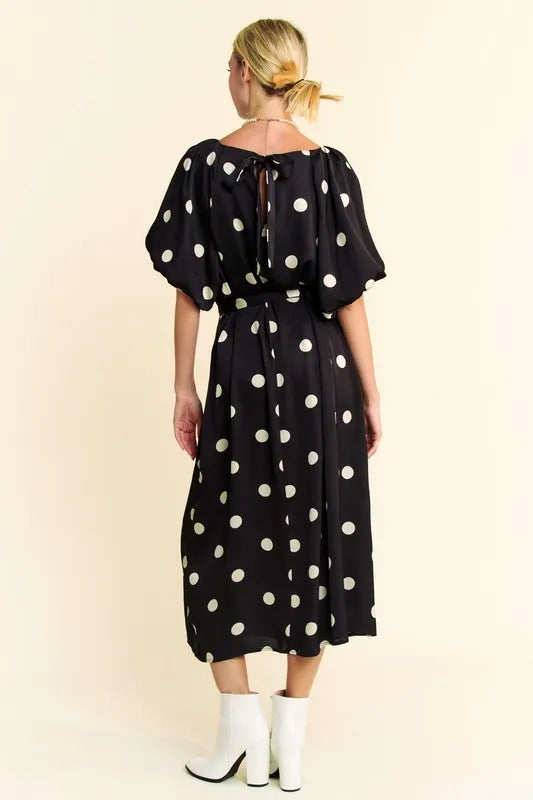 Davi & Dani Polka Dot Puff Sleeves Waist Tie Midi Dress.