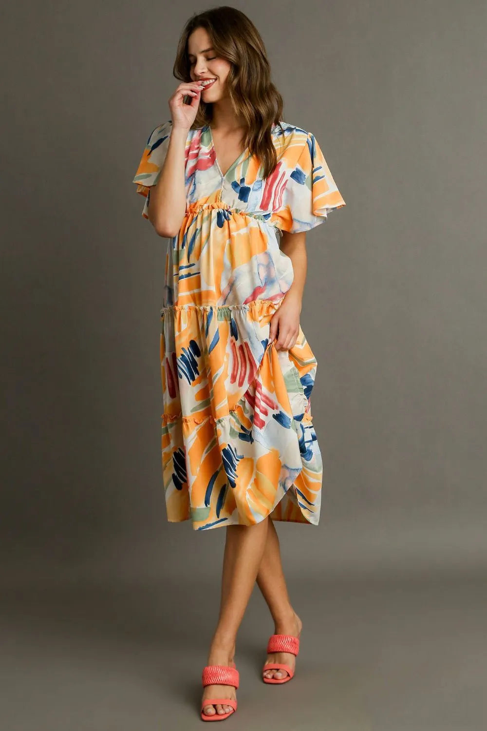 Umgee Full Size Abstract Print Flutter Sleeve Frill Tiered Midi Dress Plus Size.