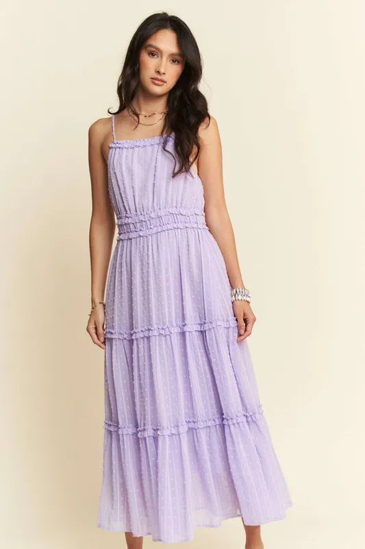 Davi & Dani Texture Swiss Dot Ruffle Square Neck Midi Dress.