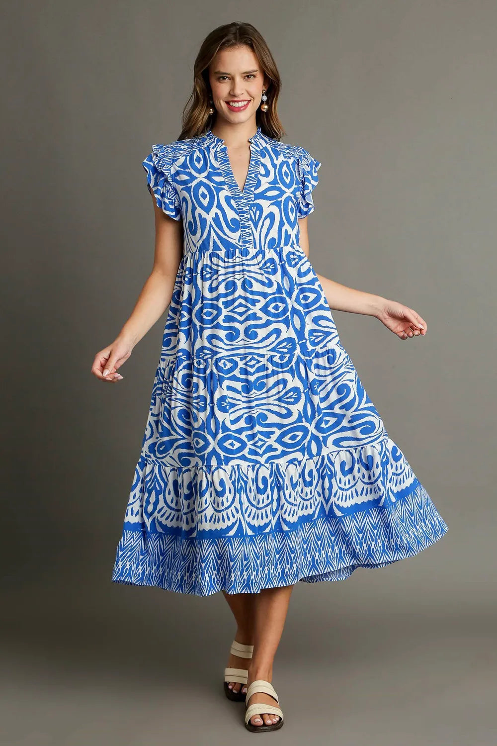 Umgee Full Size Two Tone Border Print Ruffle Cap Sleeve Midi Dress Plus Size.