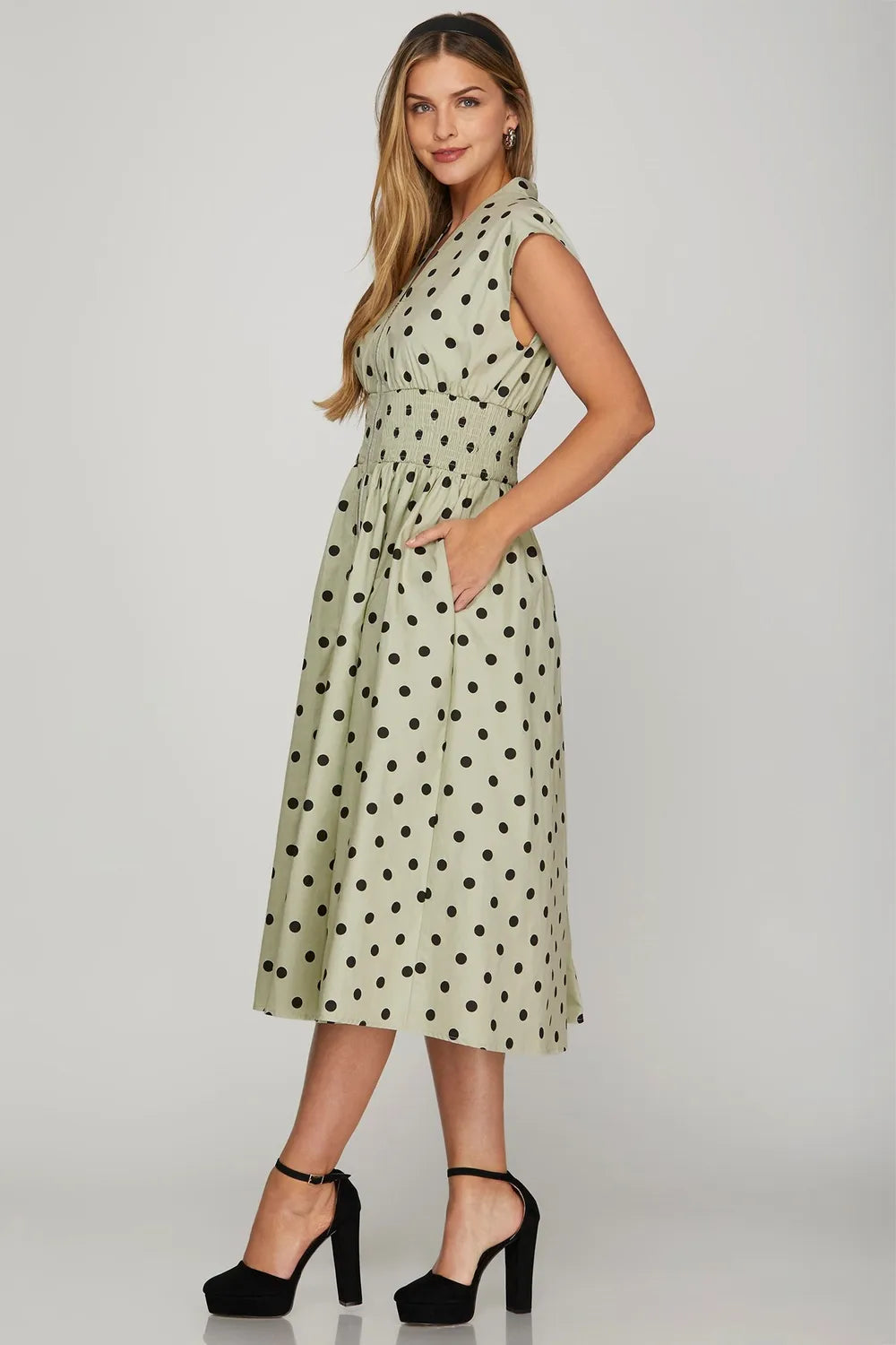 She + Sky Front Zip Polka Dots Cap Sleeve Midi Dress.