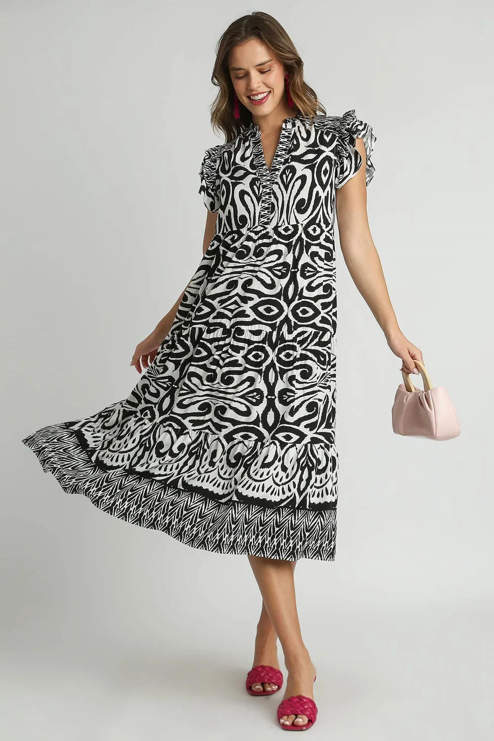 Umgee Full Size Two Tone Border Print Ruffle Cap Sleeve Midi Dress Plus Size.