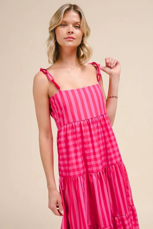 SO ME Stripe Tiered Maxi Dress with Colorful Chain Strap.