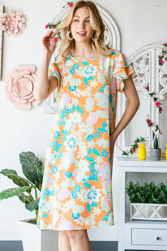 Heimish Full Size Ruffled Short Sleeve Floral Mini Dress Plus Size.