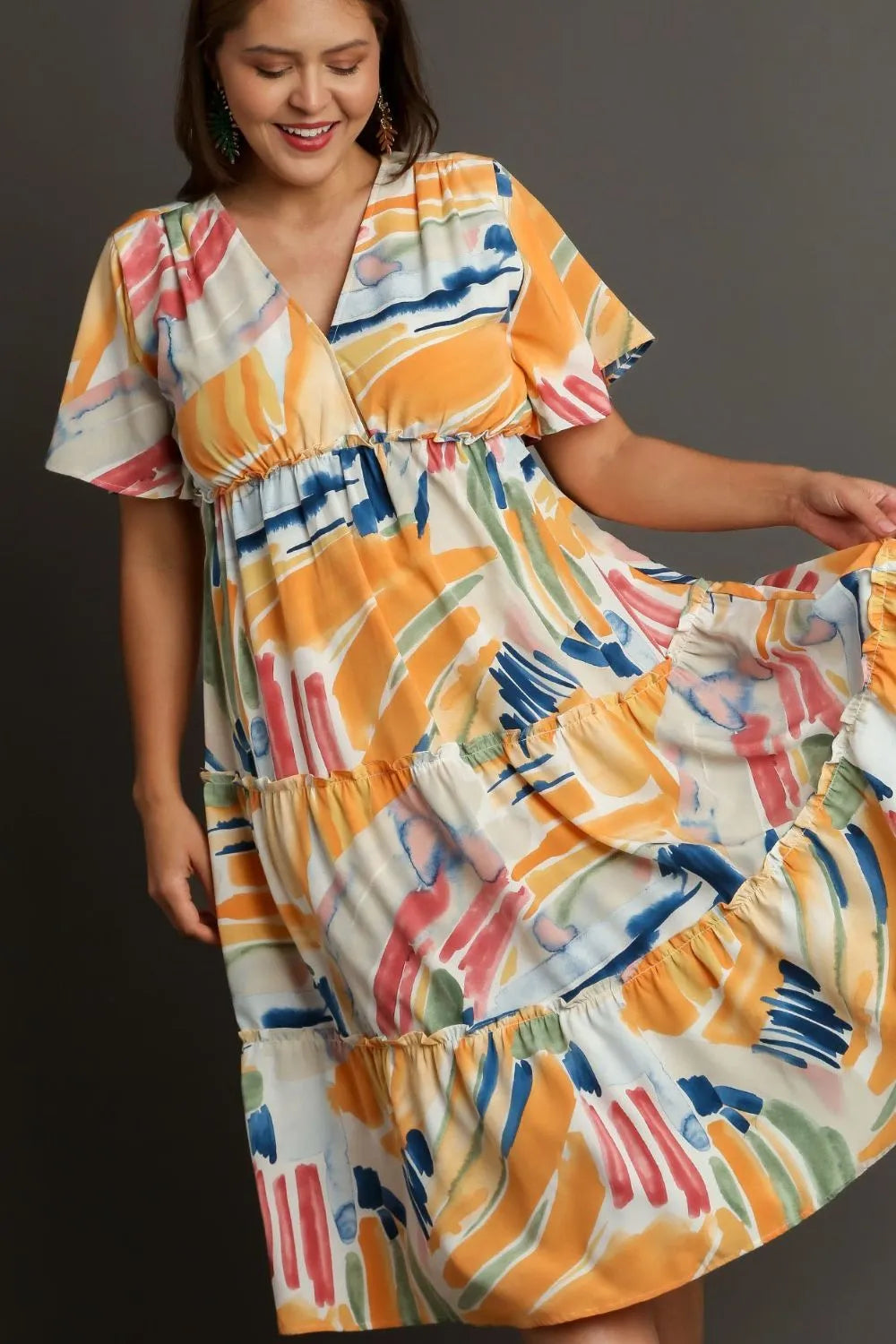 Umgee Full Size Abstract Print Flutter Sleeve Frill Tiered Midi Dress Plus Size.