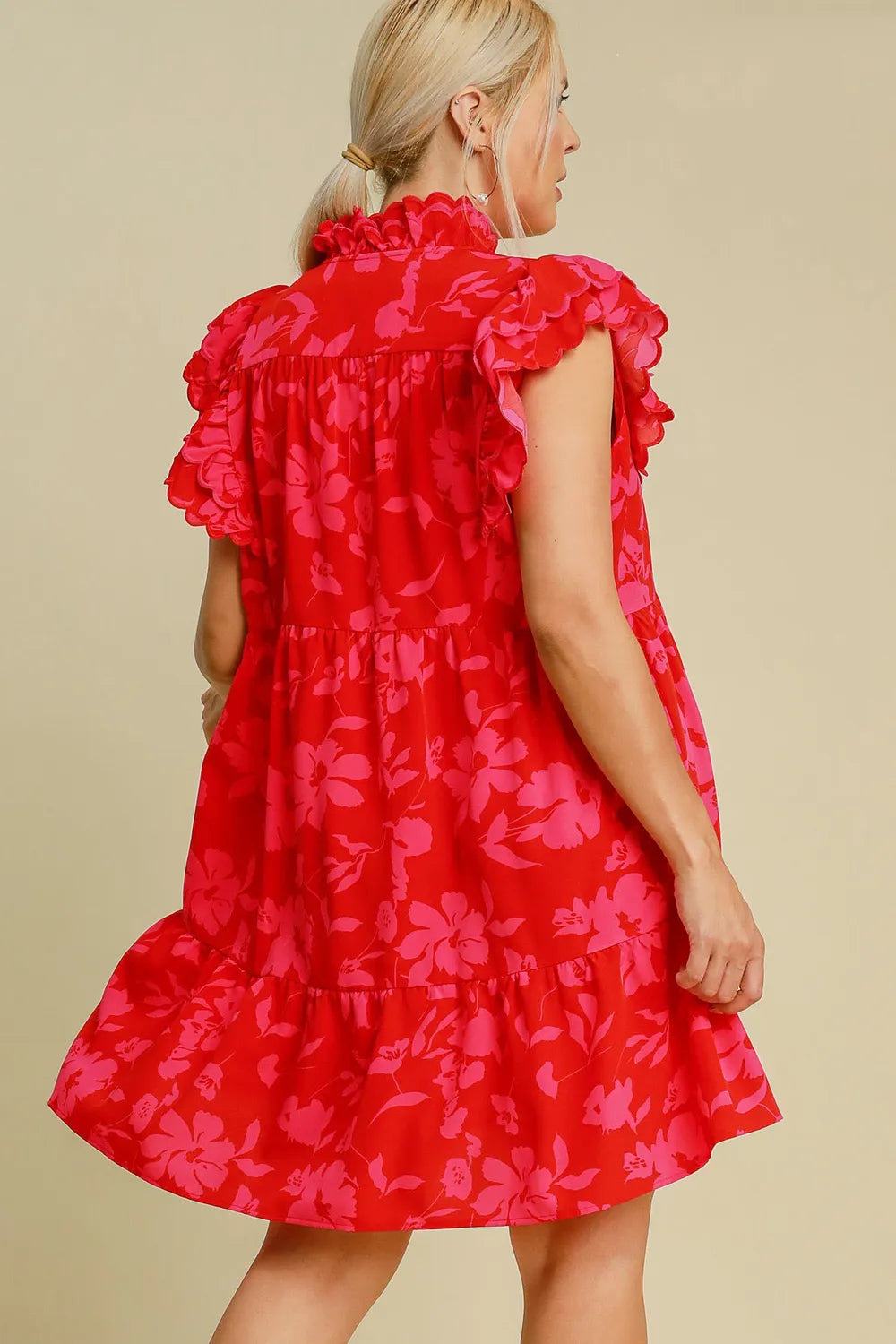 Umgee Full Size Two Tone Floral Print Ruffle Cap Sleeve Mini Dress Plus Size.