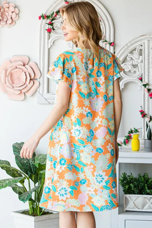 Heimish Full Size Ruffled Short Sleeve Floral Mini Dress Plus Size.