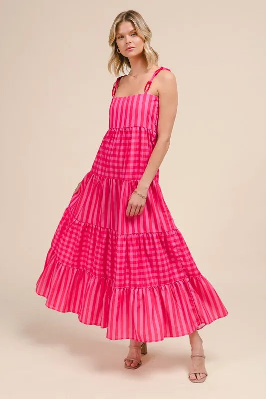 SO ME Stripe Tiered Maxi Dress with Colorful Chain Strap.