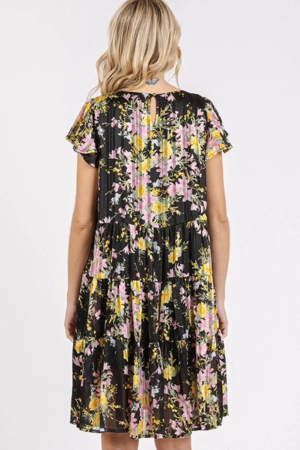 Mittoshop Flower Print Round Neck Flutter Sleeve Tiered Dress.