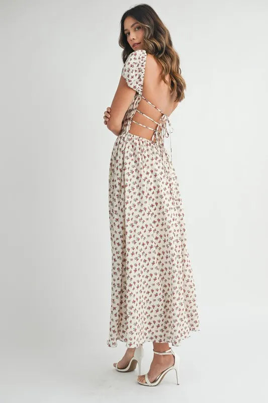 MABLE Floral Print Puff Sleeve Gathered Midi Dress.