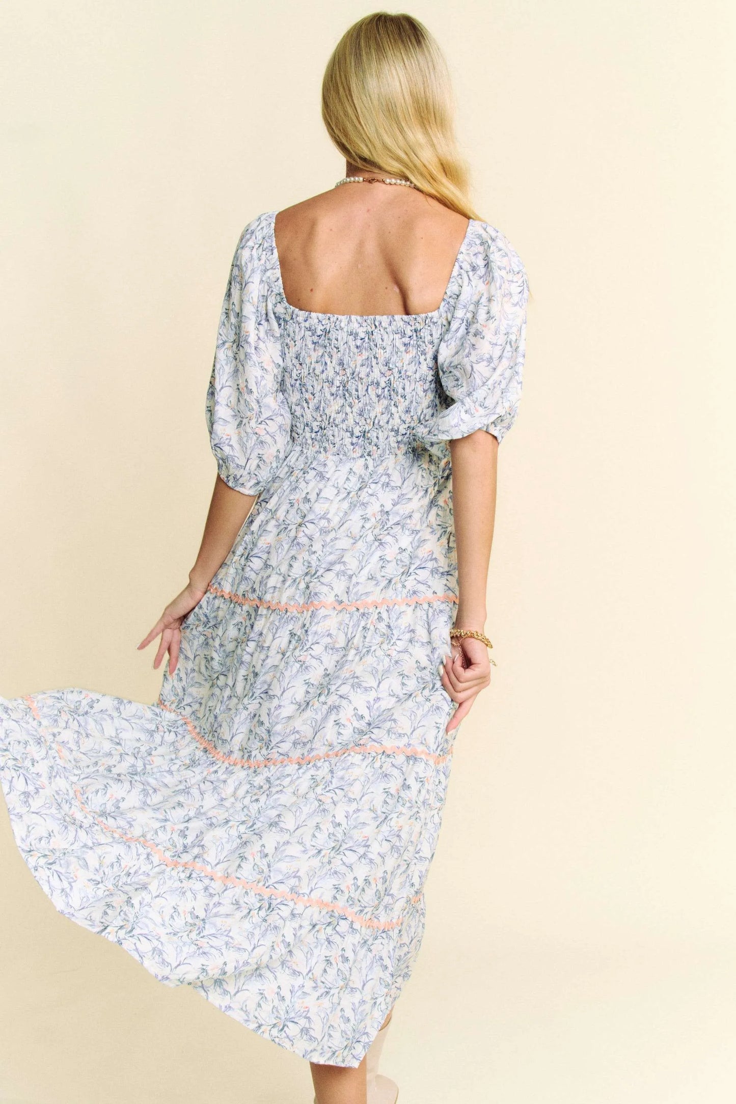 Davi & Dani Contrast Ric Smocking Bodice Tiered Midi Dress.