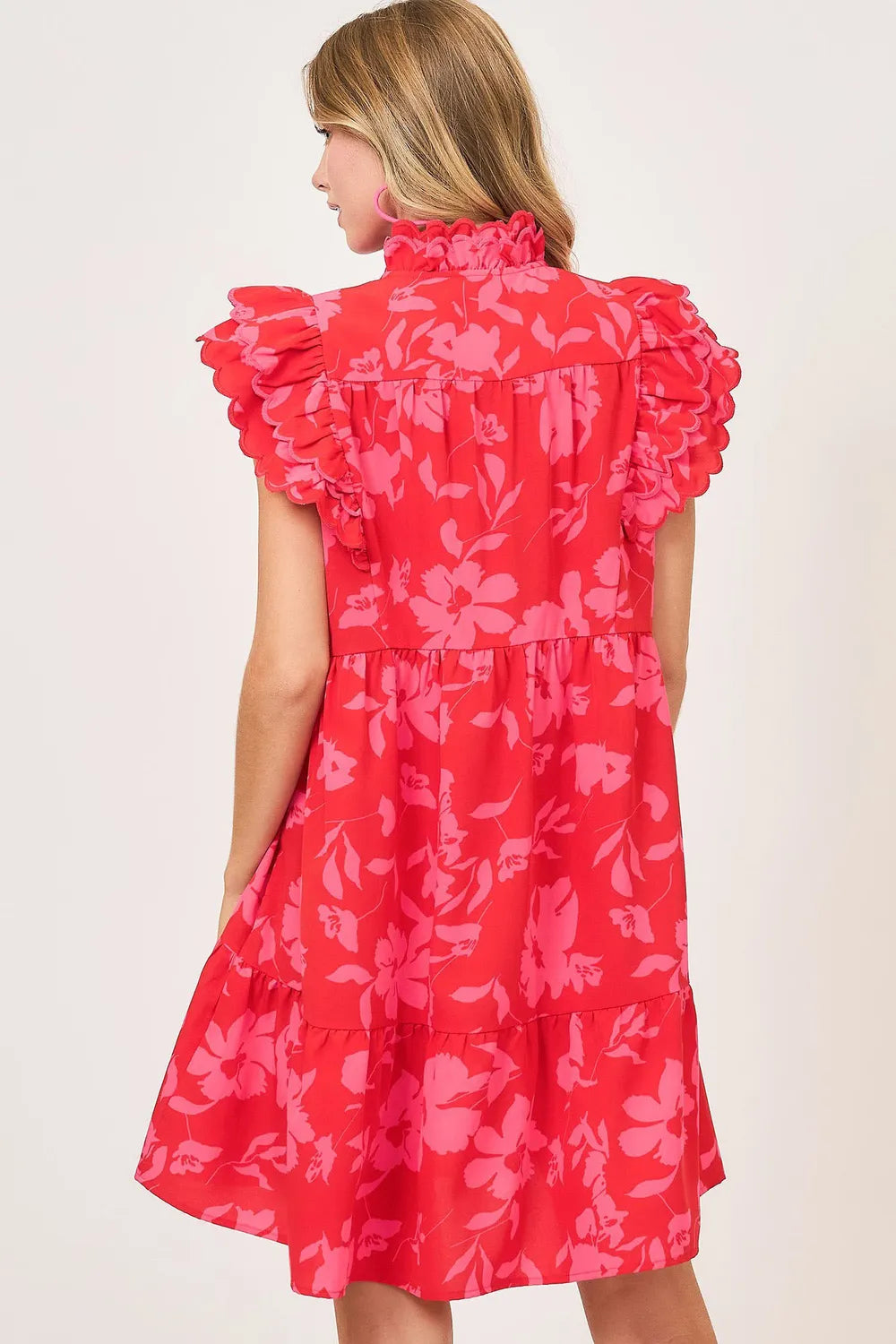 Umgee Full Size Two Tone Floral Print Ruffle Cap Sleeve Mini Dress Plus Size.