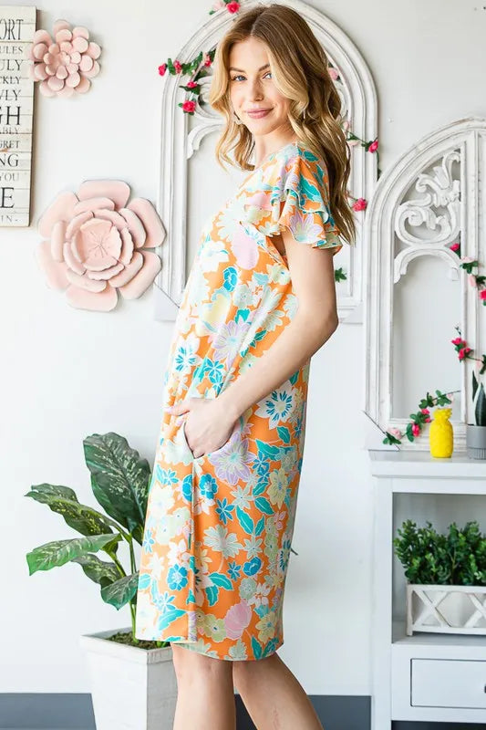 Heimish Full Size Ruffled Short Sleeve Floral Mini Dress Plus Size.
