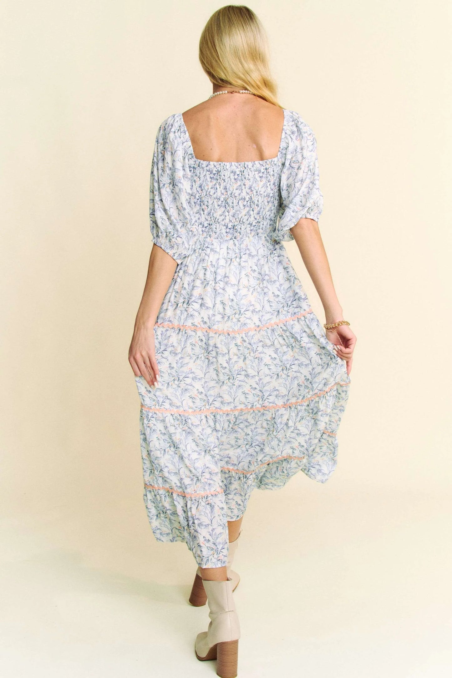 Davi & Dani Contrast Ric Smocking Bodice Tiered Midi Dress.
