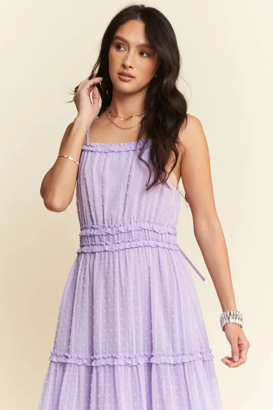 Davi & Dani Texture Swiss Dot Ruffle Square Neck Midi Dress.
