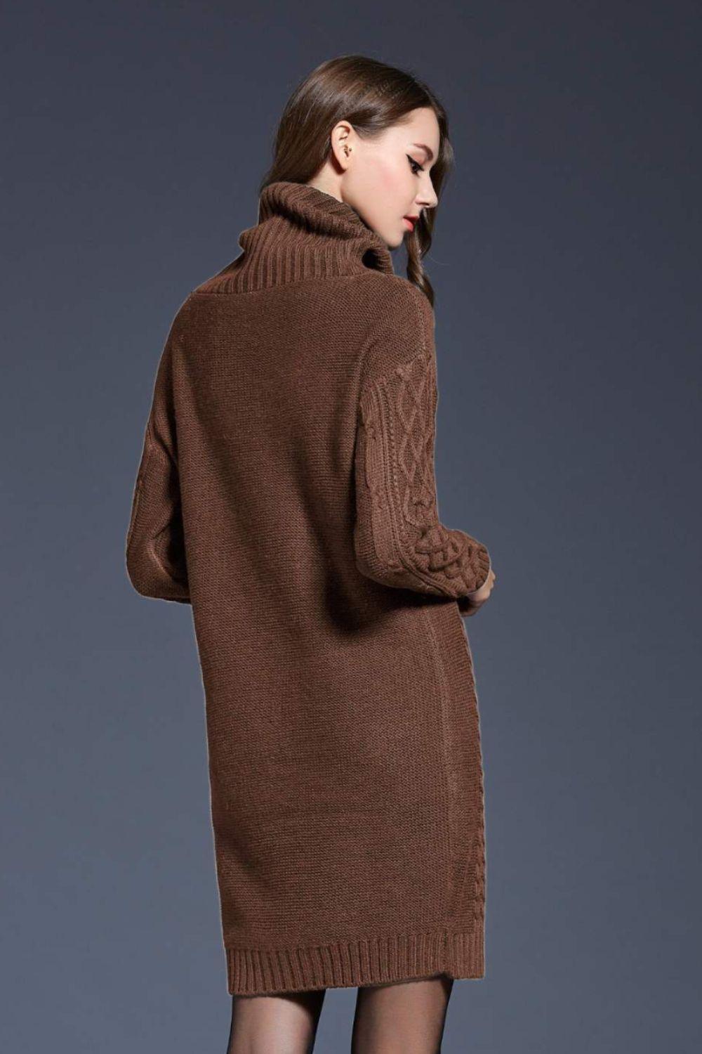 Full Size Mixed Knit Cowl Neck Dropped Shoulder Sweater Dress - PRAYANS