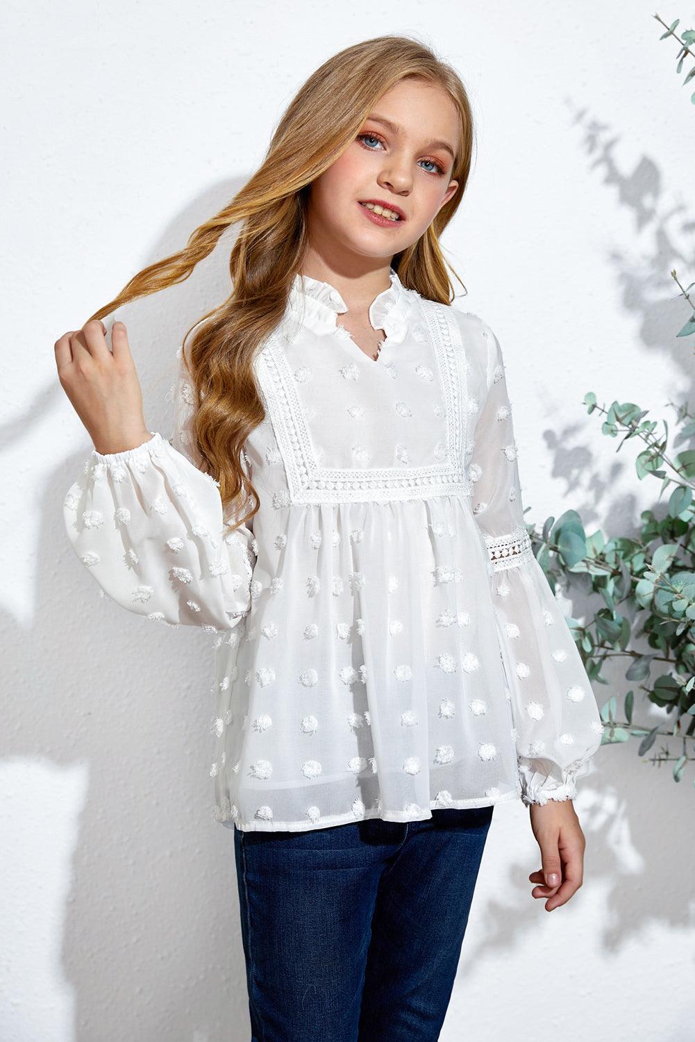 Girls Swiss Dot Spliced Lace Notched Blouse - PRAYANS