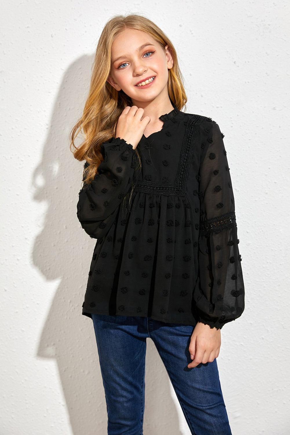 Girls Swiss Dot Spliced Lace Notched Blouse - PRAYANS